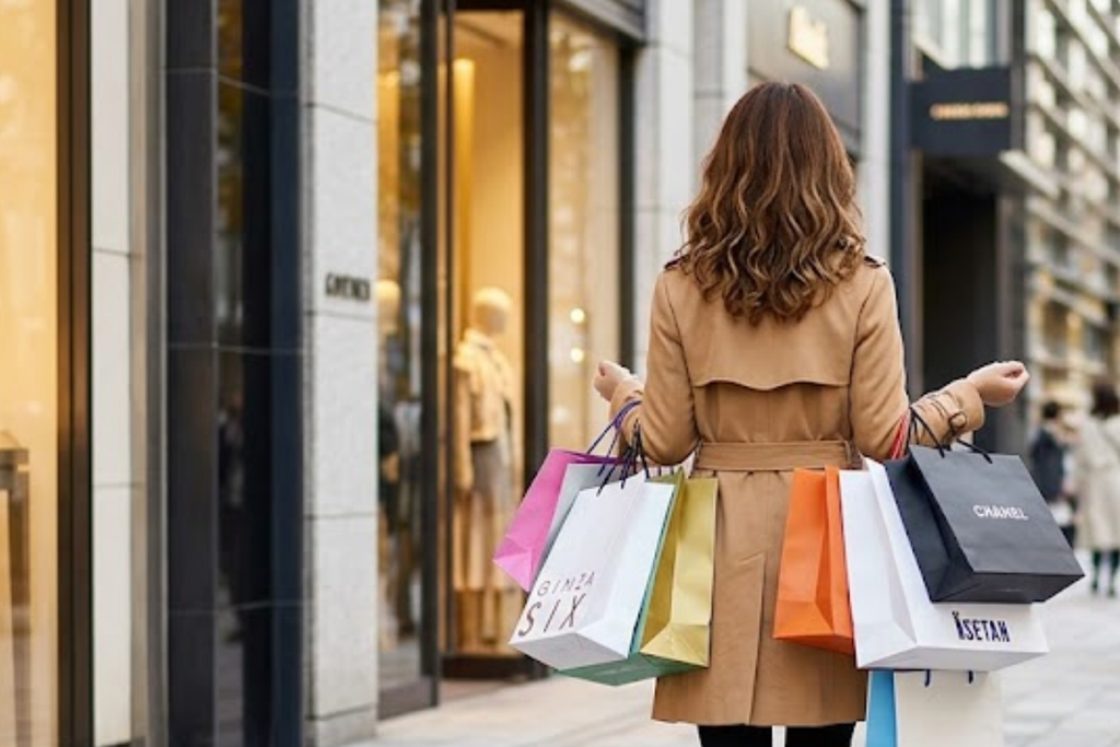 たくさんのショッピングバッグを抱えて街を歩く女性の後ろ姿