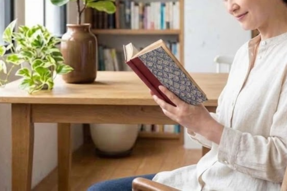 リビングで本を読んでいる女性